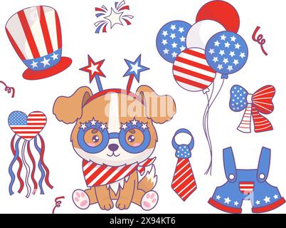 Jour de l'indépendance des États-Unis. Chien patriotique drôle mignon avec des vêtements, des accessoires, des décorations de fête aux couleurs du drapeau américain. Animal kawaii de dessin animé isolé an Illustration de Vecteur