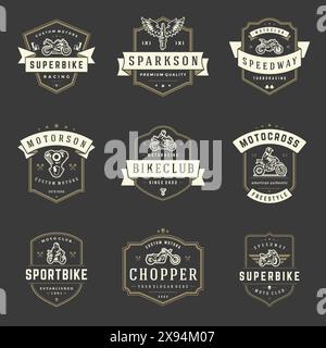 Modèles de modèles de motocyclettes ensemble d'éléments de conception vectoriels, emblèmes de style vintage et badges rétro illustration. Clubs de motards classiques, moto sport silh Illustration de Vecteur