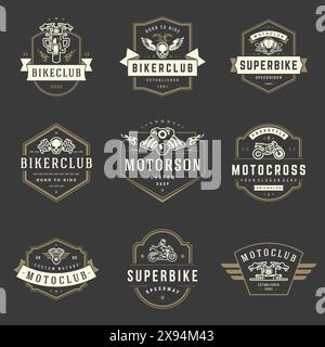 Modèles de modèles de motocyclettes ensemble d'éléments de conception vectoriels, emblèmes de style vintage et badges rétro illustration. Clubs de motards classiques, moto sport silh Illustration de Vecteur