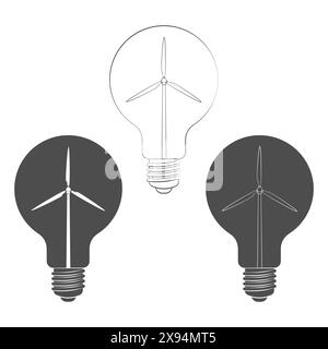 Ensemble d'illustrations noir et blanc ampoule avec éolienne, moulin à vent. Objets vectoriels isolés sur fond blanc. Illustration de Vecteur
