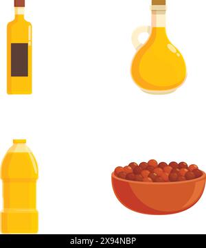 Collection d'huiles de cuisson illustrées et de noix, y compris l'huile d'olive, idéale pour les dessins culinaires Illustration de Vecteur