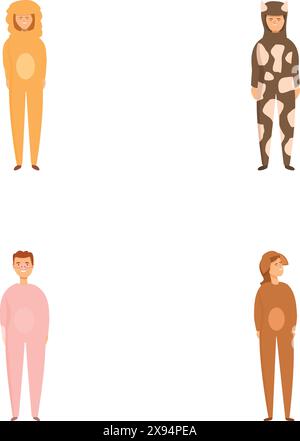 Collection de quatre personnages de dessins animés portant des onesies animalthemed mignons Illustration de Vecteur