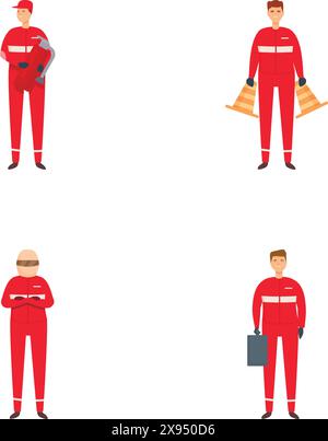 Ensemble vectoriel de pompier en uniforme avec équipement dans différentes poses debout pour les visuels de sécurité Illustration de Vecteur