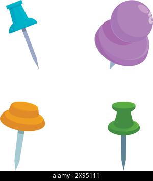 Quatre punaises vibrantes en bleu, violet, orange et vert isolées sur fond blanc Illustration de Vecteur
