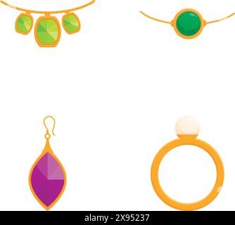 Icônes de bijoux assortis élégants et décoratifs ensemble avec boucles d'oreilles. Anneaux. Colliers. Pendentifs. Pierres précieuses. Et bien plus encore en illustration vectorielle. Parfait pour les accessoires de mode. Isolé sur fond blanc Illustration de Vecteur