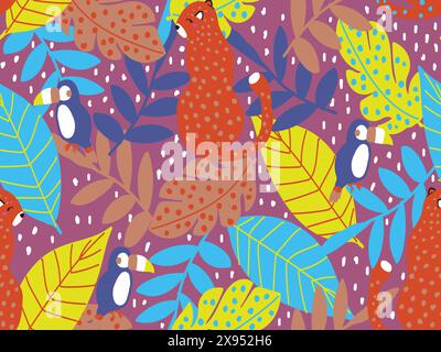 Cockatoo et jaguar allover motif texture sans couture avec des animaux adorables préhistoriques dessinés à la main Illustration de Vecteur