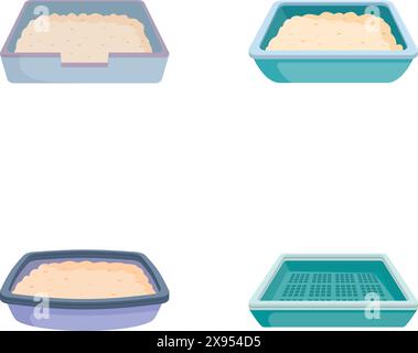 Collection de quatre boîtes à litière pour chats de différentes formes et couleurs, isolées sur fond blanc Illustration de Vecteur