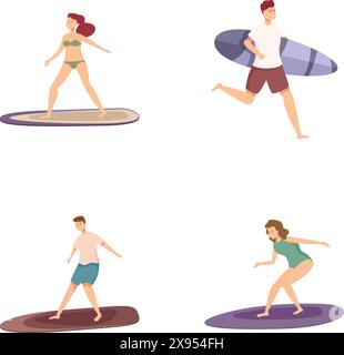 Ensemble vectoriel de surfeurs actifs appréciant les sports nautiques et les activités de plage dans une illustration de style de vie d'été tropical avec des surfeurs masculins et féminins chevauchant des vagues sur des planches de surf Illustration de Vecteur