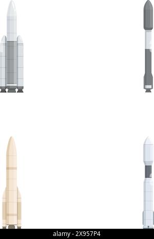 Collection de quatre fusées spatiales de style dessin animé dans divers modèles, isolées sur un fond blanc Illustration de Vecteur