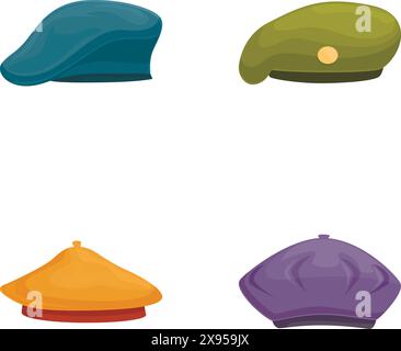 Collection de quatre illustrations colorées et à chapeau plat dans un style de dessin animé Illustration de Vecteur