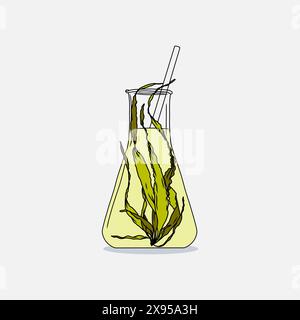 Dessiné à la main Erlenmeyer fiole rempli d'algues varech ou de plantules laminaires et liquide transparent sur fond blanc. Illustration de dessin naturel Illustration de Vecteur