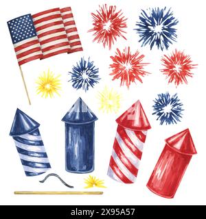 Le quatrième juillet, les éléments de conception de la fête nationale du jour de l'indépendance des États-Unis. Feux d'artifice, pétards, drapeau américain. Cliparts aquarelle pour la carte de voeux du 4 juillet, invitation à la fête, bannière, vente au détail Banque D'Images