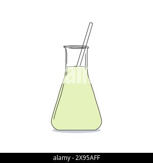 Équipement de laboratoire dessiné à la main, flacon Erlenmeyer rempli par illustration graphique liquide verte sur fond blanc Illustration de Vecteur