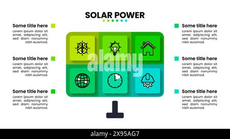 Modèle d'infographie avec icônes et 6 options ou étapes. Énergie solaire. Peut être utilisé pour la mise en page de flux de travail, diagramme, bannière, webdesign. Illustration vectorielle Illustration de Vecteur