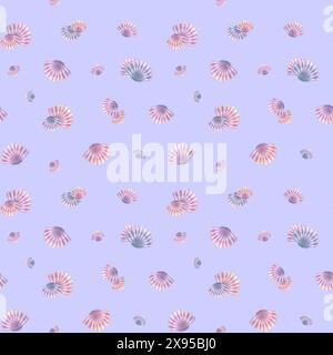 Coquilles Saint-Jacques en bleu, lilas et rose sur fond lilas. Illustration aquarelle. Motif sans couture. Pour tissus, textiles et wallpape Banque D'Images