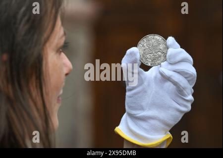 29 mai 2024, Saxe-Anhalt, Wettin-Löbejün : la restauratrice certifiée Vera Keil examine l'une des 285 pièces d'argent récupérées. Lors des travaux de construction d'une ferme historique dans la Brauhausgasse de Wettin, une grande trouvaille de monnaies du XVIIe siècle a été découverte. Au moment du dépôt des pièces, la maison appartenait à Johann Dondorf, l'un des citoyens les plus riches de Wettin, qui était maire de la ville à l'époque. Photo : Heiko Rebsch/dpa Banque D'Images