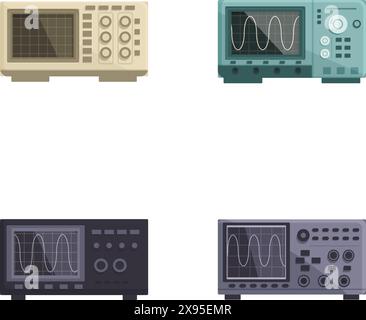 Collection de quatre modèles d'oscilloscopes vintage isolés, dans un style d'illustration plat Illustration de Vecteur