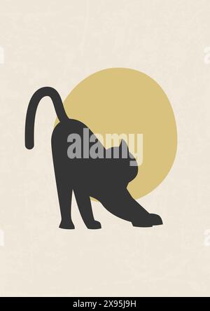 Silhouette de chat noir esthétique style boho. Seul Kitty dans l'illustration 2d lever de soleil. Cat Life concept, vecteur compris Illustration de Vecteur