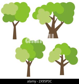 Ensemble de quatre arbres verts de dessin animé différents isolés sur fond blanc. Illustration vectorielle Illustration de Vecteur