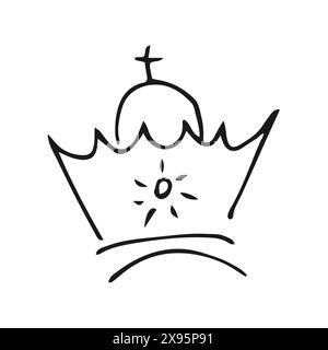 Couronne dessinée à la main. Simple croquis de graffiti reine ou couronne de roi. Couronnement impérial royal et symbole monarque. Pinceau noir doodle isolé sur fond blanc Illustration de Vecteur