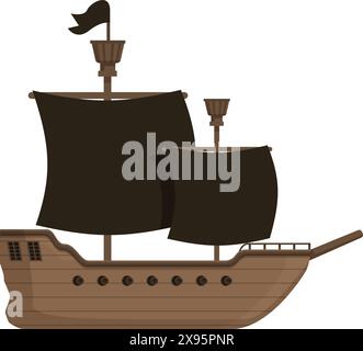 Illustration vectorielle d'un bateau pirate stylisé avec des voiles noires, isolé sur blanc Illustration de Vecteur