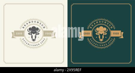 Modèle de logo de restaurant illustration vectorielle tête de vache dans la silhouette de chapeau de chef, bon pour le menu de restaurant et le badge de café. Emblème typographie vintage templ Illustration de Vecteur