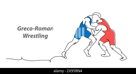 Fond de vecteur de lutte romaine Greco, bannière, affiche. Une illustration de dessin au trait continu du sport de lutte Illustration de Vecteur