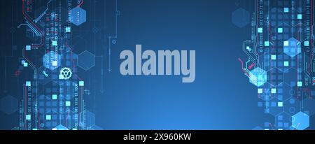 Carte de circuit imprimé abstrait et hexagones sur fond de couleur dégradé. Concept de technologie numérique haute technologie. Illustration de Vecteur