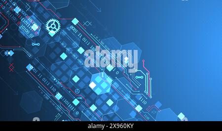Carte de circuit imprimé abstrait et hexagones sur fond de couleur dégradé. Concept de technologie numérique haute technologie. Illustration de Vecteur