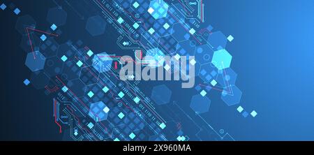 Carte de circuit imprimé abstrait et hexagones sur fond de couleur dégradé. Concept de technologie numérique haute technologie. Illustration de Vecteur