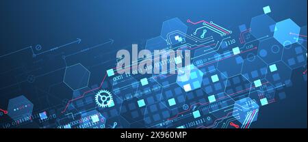 Carte de circuit imprimé abstrait et hexagones sur fond de couleur dégradé. Concept de technologie numérique haute technologie. Illustration de Vecteur