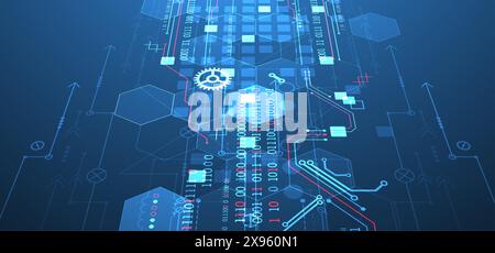 Carte de circuit imprimé abstrait et hexagones sur fond de couleur dégradé. Concept de technologie numérique haute technologie. Illustration de Vecteur