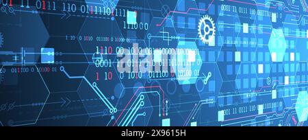 Carte de circuit imprimé abstrait et hexagones sur fond de couleur dégradé. Concept de technologie numérique haute technologie. Illustration de Vecteur
