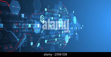 Carte de circuit imprimé abstrait et hexagones sur fond de couleur dégradé. Concept de technologie numérique haute technologie. Illustration de Vecteur