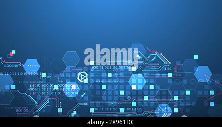 Carte de circuit imprimé abstrait et hexagones sur fond de couleur dégradé. Concept de technologie numérique haute technologie. Illustration de Vecteur