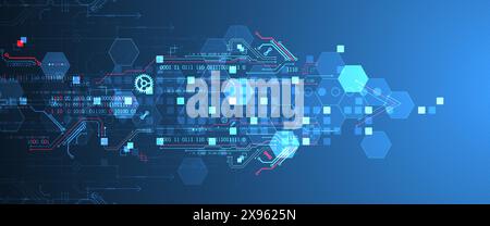 Carte de circuit imprimé abstrait et hexagones sur fond de couleur dégradé. Concept de technologie numérique haute technologie. Illustration de Vecteur