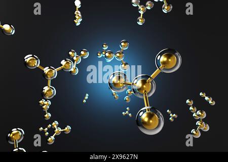 Molécules dorées encapsulées dans une sphère transparente sur fond noir décorée de lumière bleue néon. Contexte pour les sujets scientifiques et chimiques Banque D'Images