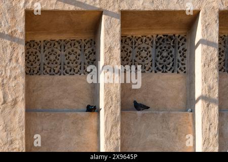 Dubaï, Émirats arabes Unis - 6 janvier 2024 : les pigeons perchent dans des alcôves arquées traditionnelles avec des treillis complexes dans le quartier historique. Banque D'Images