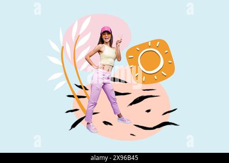 Collage d'image créative image souriante jeune femme debout temps ensoleillé à l'extérieur loisirs marcher nature positive ambiance dessin fond Banque D'Images