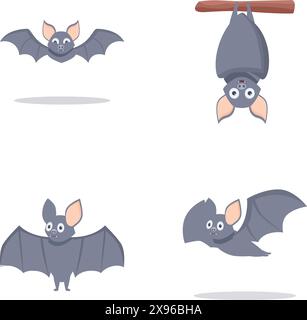 Ensemble de quatre adorables chauves-souris de dessin animé dans diverses poses, idéal pour halloween ou des thèmes de la faune Illustration de Vecteur