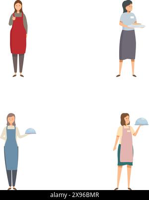 Collection de quatre personnages féminins divers en uniformes de service, tenant des plateaux et des assiettes Illustration de Vecteur