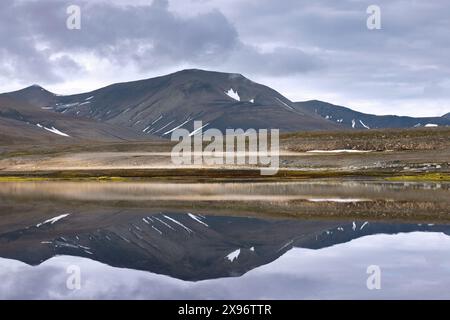 Montagnes le long de la côte de Boltodden en été, Kvalvågen, Svalbard / Spitzberg, Norvège Banque D'Images