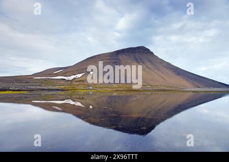 Montagnes le long de la côte de Boltodden en été, Kvalvågen, Svalbard / Spitzberg, Norvège Banque D'Images