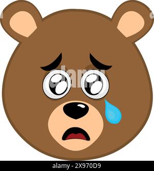 illustration vectorielle visage ours brun dessin animé grizzly, avec une expression triste, des yeux aqueux et une larme tombant d'un œil Illustration de Vecteur