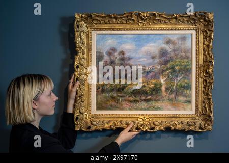 Londres, Royaume-Uni. 29 mai 2024. Un membre du personnel présente « la Cueillette des fruits », 1905, de Pierre-August Renoir lors d’une avant-première de « Celebrating 150 Years of Impressionism », une exposition d’œuvres impressionnistes et post-impressionnistes à la galerie Stern Pissarro, à l’occasion de James’s.. La première exposition impressionniste en 1874, organisée par Pissarro, Monet, Degas, Renoir, et Sisley, réunissait des œuvres de trente et un artistes connus pour peindre des paysages et la vie contemporaine en plein air (extérieur) plutôt que pour peindre une peinture académique rigide. Le spectacle se déroule du 30 mai au 29 juin 2024. Crédit : Stephen Chung / Banque D'Images