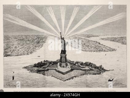 'PROJET DE MONUMENT COMMÉMORATIF À ÉLEVER À L'ENTRÉE DE LA BAIE DE NEW-YORK, À L'OCCASION DU CENTENAIRE DE L'INDÉPENDANCE DES ÉTATS-UNIS.' - Extrait de 'L'illustration Journal universel' - magazine illustré français - il s'agit d'une illustration d'un projet de monument commémoratif à l'entrée de la baie de New York pour le centenaire de l'indépendance des États-Unis. La statue de la liberté est représentée avec des rayons émanant de la torche, projetant de la lumière sur la baie. Il est dessiné dans un style réaliste avec des détails fins, caractéristique des gravures du XIXe siècle. |- 1875 Banque D'Images