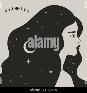 Profil de femme magique céleste dans le style boho. Décoré de croissant et d'étoiles. Illustration vectorielle Illustration de Vecteur