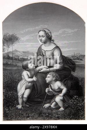 Gravure sur bois de la Vierge Marie avec l'enfant Jésus Christ et Saint Jean Baptiste de l'ancienne Bible de famille illustrée du XIXe siècle Banque D'Images