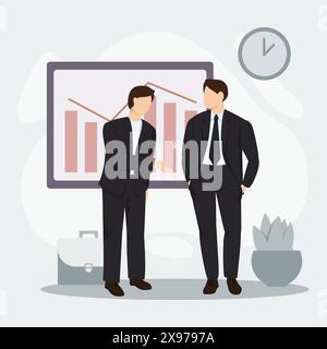 Deux hommes d'affaires discutant de la finance, du marché et de la bourse. Illustration plate vectorielle du concept d'entreprise. Illustration de Vecteur