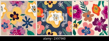 Ensemble de motifs sans couture avec des fleurs abstraites. Illustration de Vecteur